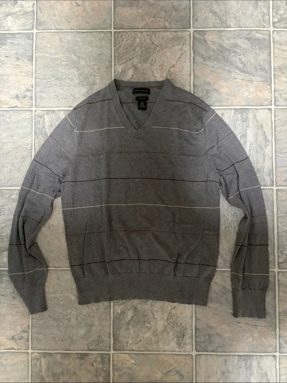 Banana Republic Men's Gray V-Neck Sweater with Thin Contrast Stripes